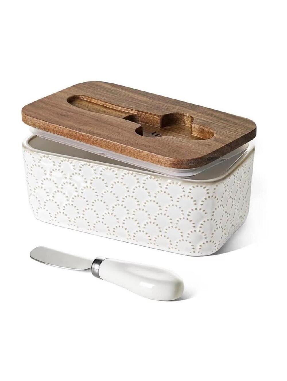 Ceramic Butter Dish with Wood Lid, Farmhouse Decor - New in Box!